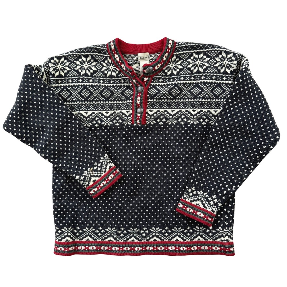 L.L. Bean Norwegian Snowflake Fair Isle‎ Sweater Women's Large Black Red Wool